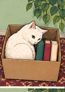 Separador · Gato blanco entre libros